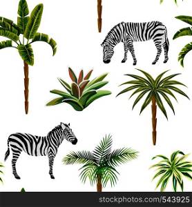 Beautiful tropic animals zebra with palm trees and cactus. Seamless beach pattern wallpaper on a white background