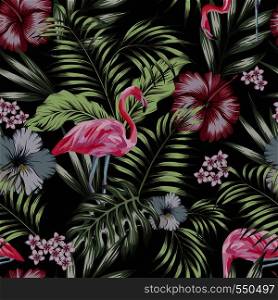 Beautiful tropical bird pink flamingo with flowers hibiscus, plumeria (frangipani) and palm, banana leaves composition. Vector seamless pattern on the black background