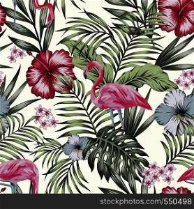 Beautiful tropical bird pink flamingo with flowers hibiscus, plumeria (frangipani) and palm, banana leaves composition. Vector seamless pattern on the white background