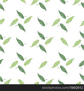 Beautiful tropical seamless pattern with green leaves isolated on white background. Botanical foliage plants wallpaper. Exotic hawaiian backdrop. Design for fabric, textile print, wrapping, cover. Beautiful tropical seamless pattern with green leaves isolated on white background.