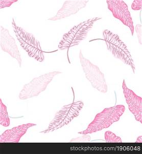 Beautiful tropical seamless pattern with pink leaves isolated on white background. Botanical foliage plants wallpaper. Exotic hawaiian backdrop. Design for fabric, textile print, wrapping, cover. Beautiful tropical seamless pattern with pink leaves isolated on white background.