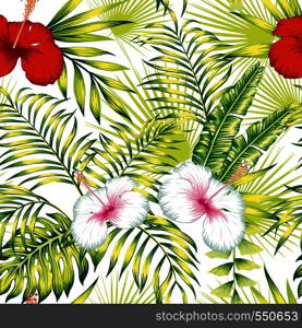 Beautiful tropical vector flowers red and white hibiscus, green realistic palm, banana leaves seamless botanical repeat pattern on the white background