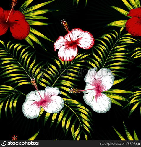 Beautiful tropical vector flowers red and white hibiscus, green realistic palm leaves seamless botanical pattern on the black background