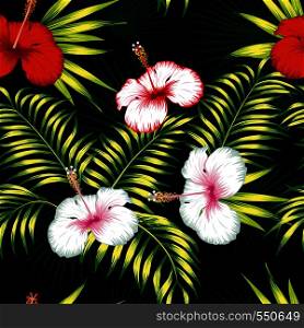 Beautiful tropical vector flowers red and white hibiscus, green realistic palm leaves seamless botanical pattern on the black background