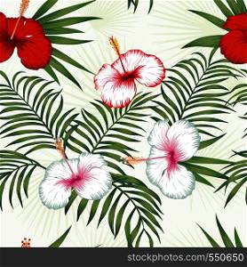 Beautiful tropical vector flowers red and white hibiscus, green realistic palm leaves seamless botanical pattern on the white background