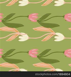 Beautiful tulip flower seamless pattern on green background. Wildflower botanical design. Decorative floral ornament wallpaper. For fabric design, textile print, wrapping. Retro vector illustration. Beautiful tulip flower seamless pattern on green background. Wildflower botanical design.