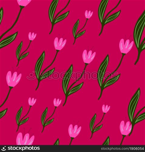 Beautiful tulip seamless pattern on bright pink background. Decorative floral ornament wallpaper. Botanical design. For fabric design, textile print, wrapping, cover. Retro vector illustration.. Beautiful tulip seamless pattern on bright pink background.