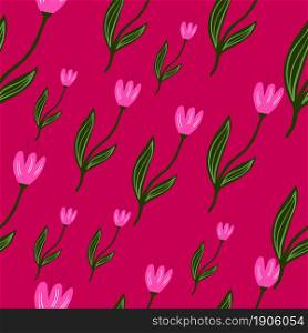 Beautiful tulip seamless pattern on bright pink background. Decorative floral ornament wallpaper. Botanical design. For fabric design, textile print, wrapping, cover. Retro vector illustration.. Beautiful tulip seamless pattern on bright pink background.