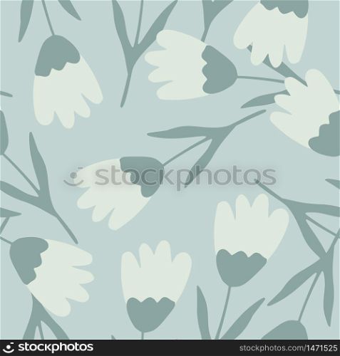 Beautiful tulip seamless pattern on light blue background. Abstract floral backdrop. Spring flower wallpaper. Design for fabric, textile print, wrapping paper, cover. Vintage vector illustration. Beautiful tulip seamless pattern on light blue background. Abstract floral backdrop. Spring flower wallpaper.