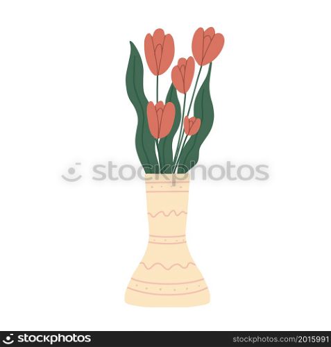 Beautiful tulips flowers bouquet in vase . Hand drawn vector illustration on white background. Beautiful tulips flowers bouquet in vase illustration.