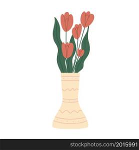 Beautiful tulips flowers bouquet in vase . Hand drawn vector illustration on white background. Beautiful tulips flowers bouquet in vase illustration.
