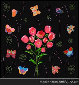 Beautiful tulips with colorful butterflies. Flat illustration on black background with doodle elements. Greeting card, poster design element. Vector Illustration.. Tulips and colorful butterflies background.