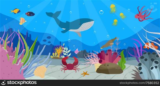 Beautiful underwater world scene with whale different fish crab starfish octopus seal flat vector illustration