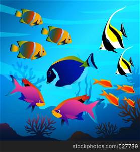 Beautiful underwater world, seascape, fish and sea bottom, seaweed, plants, corals vector illustration. Beautiful underwater world, seascape, fish and sea bottom