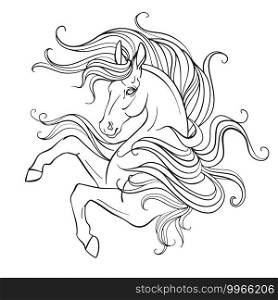 Beautiful unicorn with a long mane. Vector black and white contour illustration for coloring page. For the design of prints, posters, postcards, coloring books, stickers, tattoos,. Unicorn vector contour illustration coloring book page