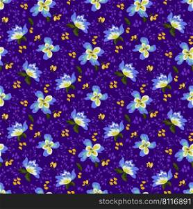 Beautiful vector floral seamless pattern design, pretty tiny flowers and green leaves on a vibrant purple color background