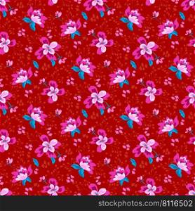 Beautiful vector floral seamless pattern design, pretty tiny shabby chic style flowers and leaves on a vibrant red color background