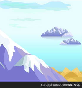 Beautiful Vector Landscape With Icebergs in Sea. Beautiful vector landscape with icebergs floating in sea and snow-covered mountain peaks on coast. Travel and exploding northern lands or climate changes concept. Wild antarctic nature illustration. Beautiful Vector Landscape With Icebergs in Sea