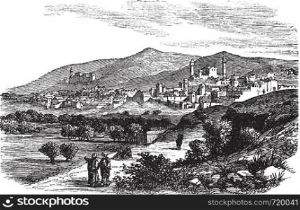 Beautiful view of buildings and mountain at Hebron vintage engraving. Old engraved illustration of buildings and mountain slope at Hebron, 1800s.