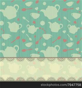 Beautiful vintage card. seamless pattern with tea pots, tea cups, hearts, flowers and spoons. Tea time invitation. Vector illustration