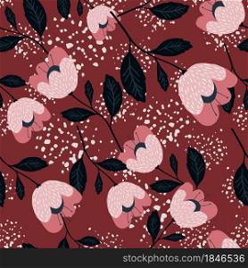 Beautiful vintage flowers seamless pattern on red background. Botany texture. Floral wallpaper. Romantic elegant design for fabric, textile print, wrapping, cover. Vector illustration.. Beautiful vintage flowers seamless pattern on red background.
