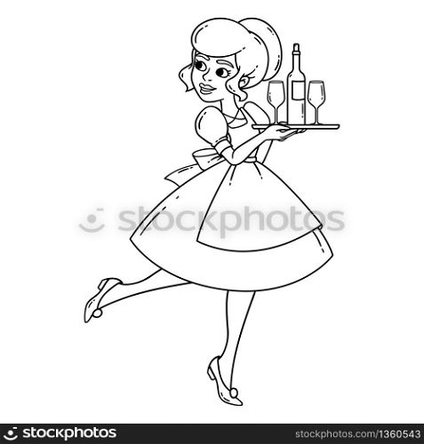 Beautiful waitress with tray, wine glass and bottle of wine. Vector isolated illustration on white background. Coloring page. Outline illistration.