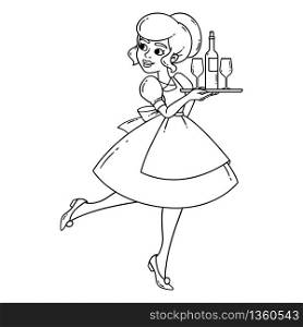Beautiful waitress with tray, wine glass and bottle of wine. Vector isolated illustration on white background. Coloring page. Outline illistration.