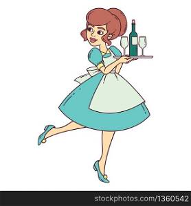 Beautiful waitress with tray, wine glass and bottle of wine. Housewife with tray. Vector isolated illustration on white background.