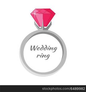 Beautiful Wedding Ring with Red Gemstone. Beautiful wedding ring with red gemstone. Engagement ring with red gem. Ring icon in flat. Beautiful red ruby. Precious ring with red gem. Isolated vector illustration on white background.