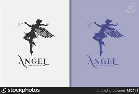 Beautiful Winged Angel who is Dancing While Swinging Her Magic Wand Logo Design Illustration. Graphic Design Element.