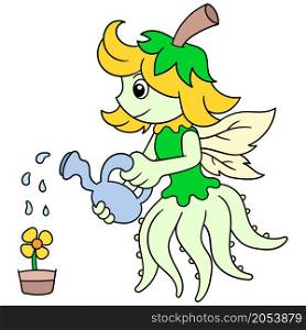 beautiful winged fairy takes care of watering sunflowers in pots