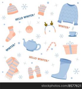 Beautiful winter clothing set, great design for any purposes. Flat vector illustration.. Beautiful winter clothing set, great design for any purposes. Flat vector illustration