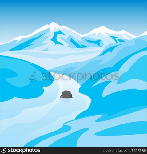 Beautiful winter landscape with mountain and river. Mountains and river in winter