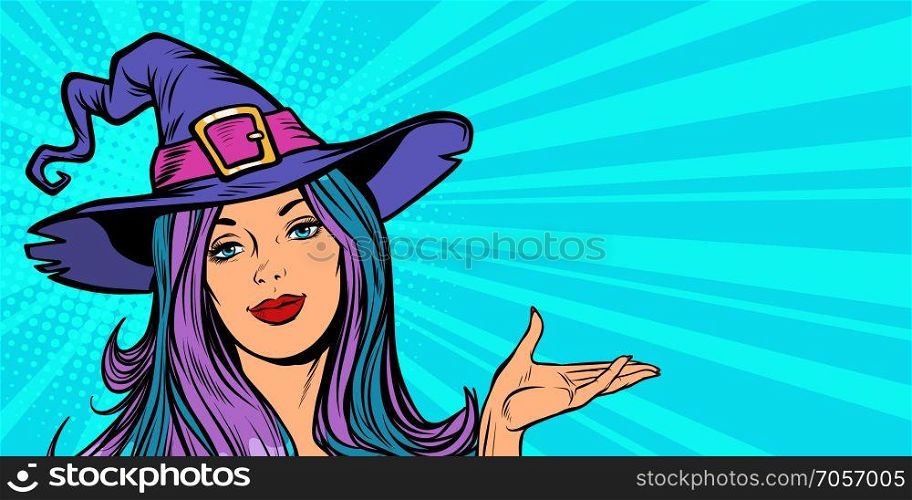 Beautiful witch. Announce Halloween Party. Pop art retro vector illustration vintage kitsch. Beautiful witch. Announce Halloween Party