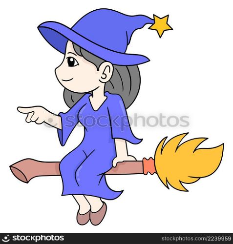 beautiful witch flies on magic broomstick