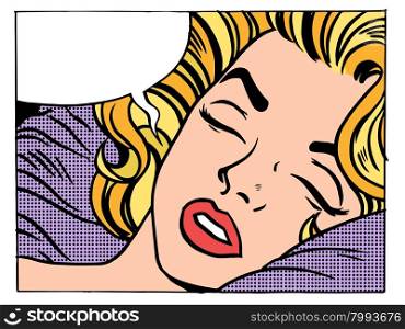 Beautiful woman blonde sleeps and dreams pop art retro style. Girls and their desires. The night and morning. Soft bed. Beautiful woman blonde sleeps and dreams