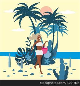 Beautiful woman character in bikini with beach bag on background of exotic plants of palm sea. Beautiful woman character in bikini with beach bag on background of exotic plants of palm sea, ocean, beach. Trend modern flat cartoon, vector, isolated, poster