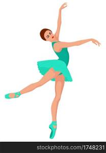 Beautiful woman dancer in turquoise dress in pointe shoe, hand drawing vector, isolated on the white background