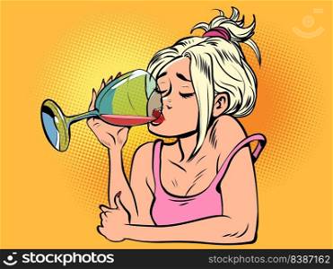Beautiful woman drinking red wine from a glass. Lonely evening. Boredom. Comic cartoon style kitsch vintage hand drawn illustration. Beautiful woman drinking red wine from a glass. Lonely evening. Boredom