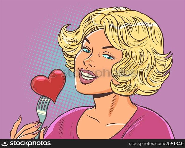 Beautiful woman eats a red heart valentine, love in a restaurant. Pop Art Retro Vector Illustration 50s 60s Kitsch Vintage Style. Beautiful woman eats a red heart valentine, love in a restaurant