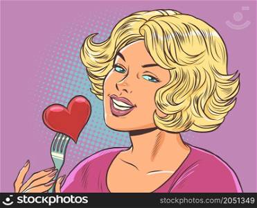 Beautiful woman eats a red heart valentine, love in a restaurant. Pop Art Retro Vector Illustration 50s 60s Kitsch Vintage Style. Beautiful woman eats a red heart valentine, love in a restaurant