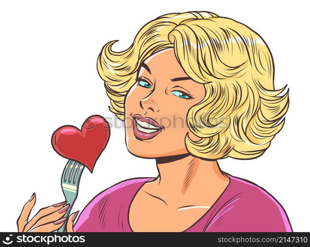 Beautiful woman eats a red heart valentine, love in a restaurant. Pop Art Retro Vector Illustration 50s 60s Kitsch Vintage Style. Beautiful woman eats a red heart valentine, love in a restaurant