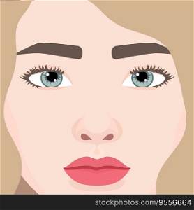 Beautiful woman face close up. Woman with wavy hair and blue eyes. Vector illustration