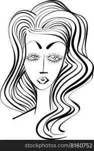 beautiful woman face, girl with beautiful hair hand drawn vector. Volume, Haircut, Hairdressing. Care and beauty. Black and white line sketch front illustration portrait