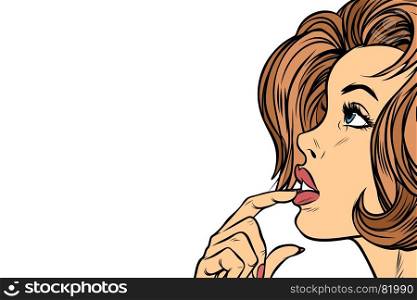 Beautiful woman face thinking. neutral background. Pop art retro vector illustration. Beautiful woman face thinking, neutral background