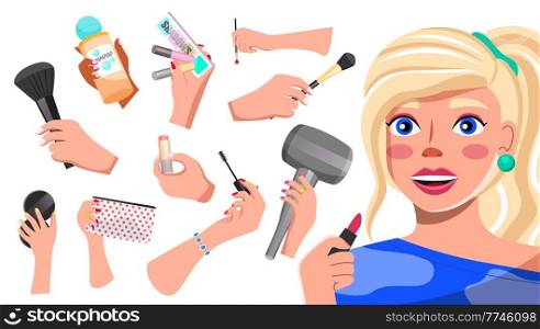 Beautiful woman holding lipstick. Set of colorful icons. Female hand holding brush, pocket mirror, cosmetic bag, brush from mascara, eyeshadow brush, hair dryer, sh&oo, palette of shadows, lip gloss. Beautiful woman with lipstick, female hand holding brush, cosmetics equipment, tools, instruments