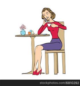 Beautiful woman in cafe drinking coffee. Vector cartoon illustration of retro style.. Beautiful woman in cafe drinking coffee