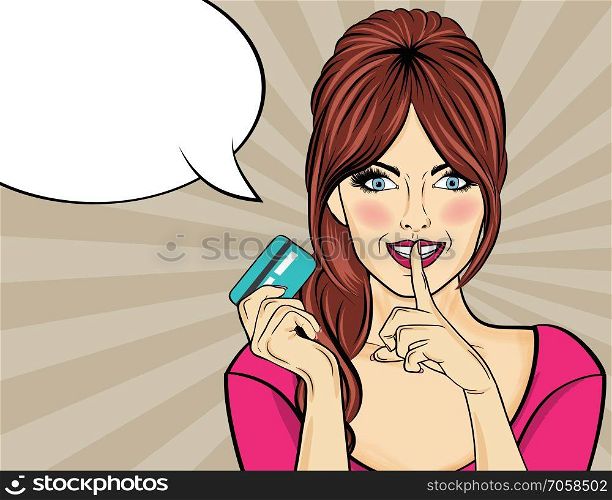Beautiful woman in pop art style with credit card showing hand silence sign. Vector illustration
