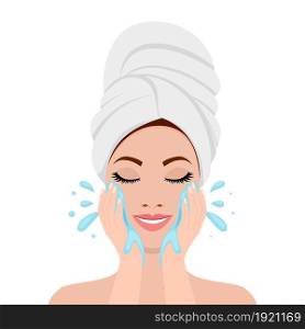 Beautiful woman in process of washing face. icon isolated on white background. SPA beauty and health concept. Vector illustration in flat style. Beautiful woman in process of washing face