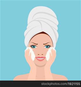 Beautiful woman in process of washing face in bathrobe and towel. Beautiful girl, spa woman washing her face. Beautiful woman in process of washing face in bathrobe and towel